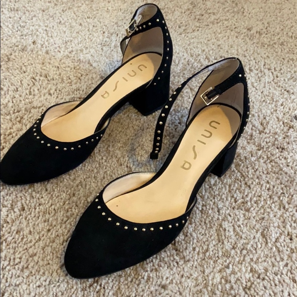 Unisa block heel with gold studs and ankle strap
